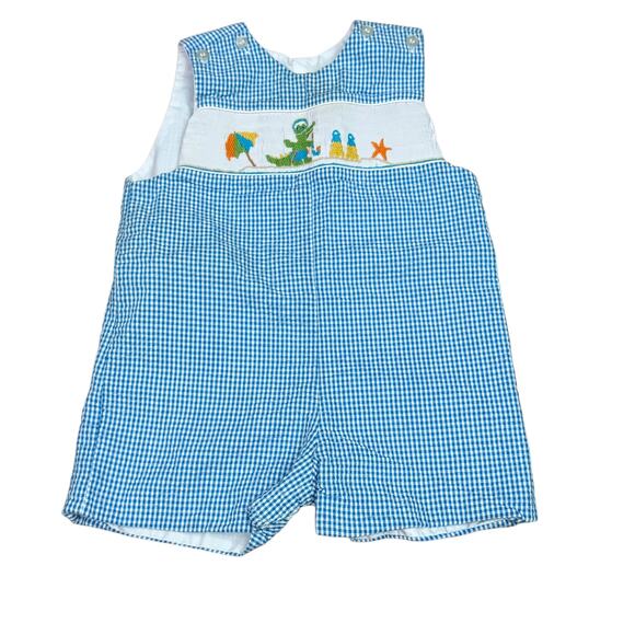 Velani Light Blue Check Smocked Green Alligator Day at Beach Jon Jon 12Months - Picture 1 of 5